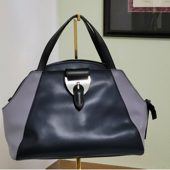 Nicoli Italian Leather Satchel/Crossbody Handbag Navy/Grey Colorblock - Picture 2 of 15